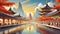 Fantasy background with mysterious ancient Chinese temple in mountains