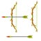 Fantasy bow and arrow. Druid shooting medieval magic weapon. Set of tools for hunting