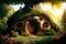fantasy cabin in magic forest, idyllic fairytale house in tree trunk overgrown with flowers. generative AI