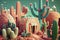 Fantasy cartoon cactuses town in a desert, generative ai illustration