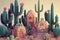 Fantasy cartoon cactuses town in a desert, generative ai illustration