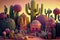 Fantasy cartoon cactuses town in a desert, generative ai illustration