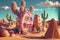 Fantasy cartoon cactuses town in a desert, generative ai illustration