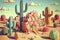 Fantasy cartoon cactuses town in a desert, generative ai illustration