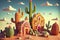 Fantasy cartoon cactuses town in a desert, generative ai illustration