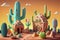 Fantasy cartoon cactuses town in a desert, generative ai illustration