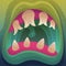 Fantasy cartoon open monster mouth with a huge jaws, flat vector illustration.