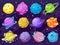 Fantasy cartoon planets. Multicolor cosmic planet objects for game design, fantastic galaxy world space universe ui