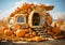 Fantasy cartoon pumpkin-shaped house in a pumpkin field in forest