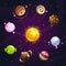 Fantasy cartoon solar system with candy planets. Sweet galaxy concept.