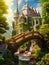 Fantasy castle with a bridge a river and waterfalls. Illustration created with generative ai technology,