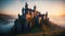 Fantasy Castle on a hill with blue sky and sunset. Fairytale style highly detailed and high resolution illustration