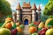 A fantasy castle made of various fruits with a cornucopia drawbridge