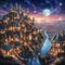 Fantasy Castle at Night with River and Moon 06 - generated with the use of AI