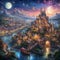 Fantasy Castle at Night with River and Moons 11 - generated with the use of AI