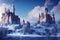 Fantasy castles with snowy trees in winter beautiful artwork background digital illustration.