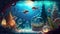 Fantasy Christmas landscape with christmas tree and Santa Claus in underwater world
