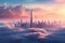 Fantasy city in the clouds. 3D render of a futuristic city, sunset view of downtown covered with clouds, AI Generated
