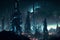 Fantasy city of the future. Futuristic world. Night view, neon lights. Generative AI.