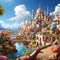 Fantasy city illustration with vivid landscapes and Renaissance-style elements