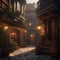 Fantasy city of thieves, Lawless city ruled by thieves\\\' guilds and shadowy criminals amidst narrow alleyways and secret passages