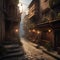 Fantasy city of thieves, Lawless city ruled by thieves\\\' guilds and shadowy criminals amidst narrow alleyways and secret passages