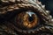 Fantasy close up of dragon eye. Magical animal. Macro shot of creature. Generative AI illustration