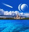 Fantasy collage of sunny campus buildings of famous university under dramatic cloudy sky with two satellite planets and comet