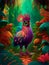 Fantasy colored rooster standing in a forest with colored trees and leaves