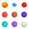 Fantasy colorful planets icons set, cartoon style