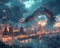 Fantasy combining dragons and technology in a mesmerizing cityscape.