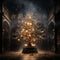 a fantasy composition of a Christmas tree with sparkling lights on a small patio