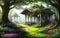 Fantasy concept background of medieval gazebo in the forest environment