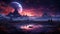 Fantasy cosmic landscape with mountains, lake, hilly terrain on the background of stars and moon the sky. AI illustration. Fantasy