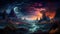 Fantasy cosmic landscape with mountains, lake, hilly terrain on the background of stars and moon the sky. AI illustration. Fantasy