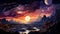 Fantasy cosmic landscape with mountains, lake, hilly terrain on the background of stars and moon the sky. Digital art illustration