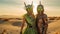 Fantasy Couple In Green Headgear Standing In Desert At Sunrise