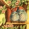 Fantasy couple of owl in the forest with tree, door, flowers and leaves.