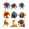 Fantasy creatures and humans. Orc, warrior in armor, fire monster, snake, viking, giant, wild man. Colorful flat vector