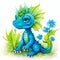 Fantasy cute dragon with blue flowers. Watercolor style illustration