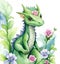 Fantasy cute green dragon with flowers. Watercolor style illustration