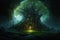 Fantasy dark forest with old tree and magic door. Halloween background