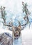 Fantasy deer with decorated antlers. Christmas holiday fantasy scene.