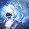 Fantasy digital watercolour of a blue ice cave with reflection in calm waters. Frozen cavern with opening to a snowy winter