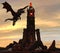 Fantasy Dragon and Dark Tower 3D Illustration