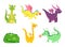 Fantasy dragons. Cute reptiles amphibians and fairytale dragons with big wings sharp tooth wild creatures vector cartoon