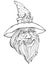 Fantasy drawing of cute old wizard from fairyland. Black and white page for coloring book. Modern print for fashion, beauty,