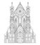 Fantasy drawing of Gothic castle. Medieval architecture in Western Europe. Black and white page for coloring book. Worksheet for
