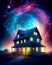 Fantasy dreamy house in colourfull magical landscape at night with amazing galaxy