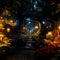 Fantasy enchanted pathway through a magical forest illuminated by warm glowing lanterns